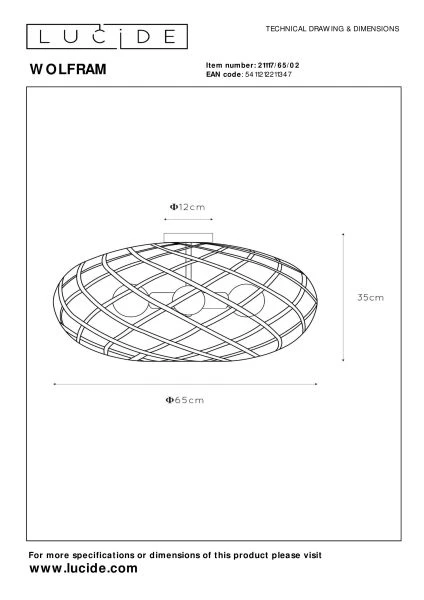 Lucide WOLFRAM - Plafonnière - Ø 65 cm - 3xE27 - Mat Goud / Messing - technisch